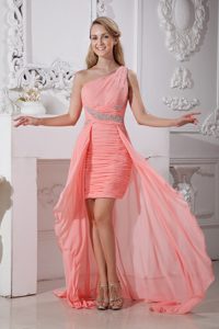 Watermelon High-low Ruched and Beaded Exquisite Prom Dress for Women
