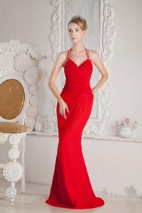 Discount Red Mermaid Halter Ruched Chiffon Prom Dresses in Long