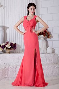 Watermelon Red Empire Straps Cute Prom Gowns with Ruching