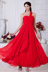 Sweet Red One Shoulder Ankle-length Chiffon Prom Gowns with Ruching