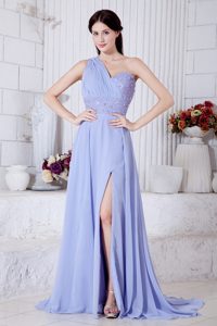 Empire One Shoulder Lilac Lovely Chiffon Prom Dress with Watteau Train