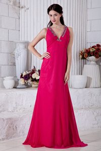 Discount Hot Pink Empire V-neck Junior Prom Dress in Chiffon