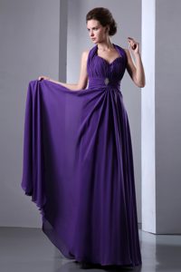 Purple Empire Halter Top Chiffon Informal Prom Dress with Beading on Sale