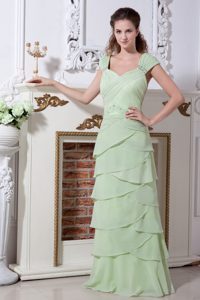 Yellow Green V-neck Ruched Straps Nice Prom Outfits with Ruffled Layers