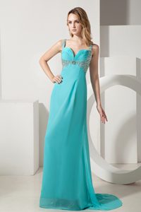 Turquoise Column Straps Beaded Chiffon Prom Gowns with