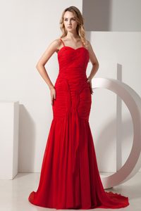 Red Mermaid Spaghetti Straps Beautiful Chiffon Prom Dress with Ruching