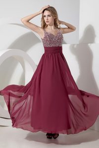 Discount Straps Ankle-length Dark Purple Chiffon Prom Attire with Beading