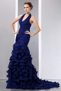 Elegant Mermaid Halter Court Train Chiffon Junior Prom Dress in Navy Blue