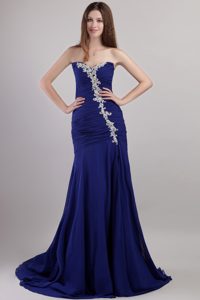 Column Sweetheart Blue Prom Dresswith Chapel Train and Appliques