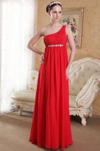Red Empire One Shoulder Chiffon Prom Dresses with Beading and Ruching
