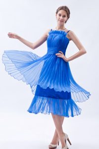 Blue Empire Straps Ruched Organza Nice Prom Dress in Tea-length on Sale