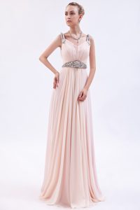 Nice Pink Empire Straps Beaded Chiffon Prom Gown Dress with Brush Train