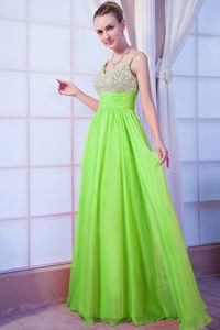 Spring Green Empire Straps Pretty Prom Gowns with Beading