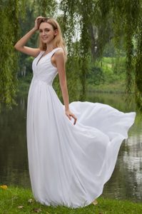 Empire V-neck Long Chiffon Beautiful Prom Dresses with Appliques