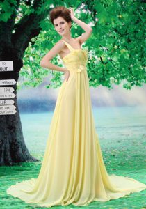 Light Yellow One Shoulder Flowers Decorate Prom Dresses with Appliques
