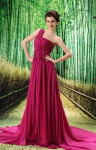 Fuchsia One Shoulder Ruched Sweet Semi-formal Prom Dress with Beading