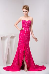 Beaded and Flounced Chiffon Inexpensive Prom Dressin in Hot Pink