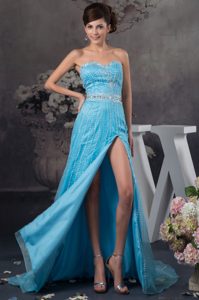 Low Price Beaded Aqua Blue Prom Outfits with High Slit and