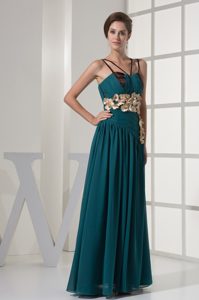 Turquoise Column V-neck Chiffon Prom Dresses with Hand Made Flowers