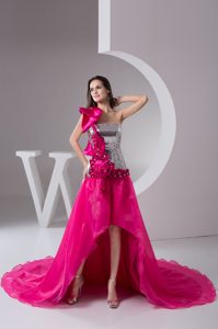 Asymmetrical Court Train Hot Pink Prom Dress with Flowers on Promotion