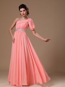 Single Shoulder Chiffon Prom Party Dress with Beaded Waist in Watermelon