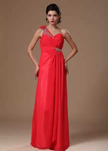 Coral Red One Shoulder Chiffon Prom Long Dresses with Beading Best Seller