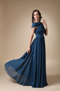 Navy Blue Empire Asymmetrical Prom Dress for Party with Ruching in Chiffon