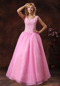 Scoop Princess Organza Prom Dresses for Party with Appliques in Rose Pink