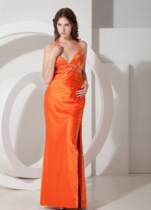Modest Orange Sheath Halter Beaded Prom Long Dress in Elastic Woven Satin