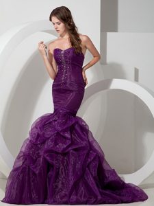 Customize Purple Mermaid Prom Dress in Organza with Beading and Pick Ups
