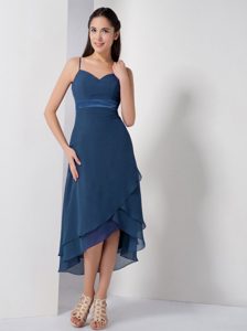 Pretty Navy Blue High-low Chiffon Prom Dress with Spaghetti Straps on Sale