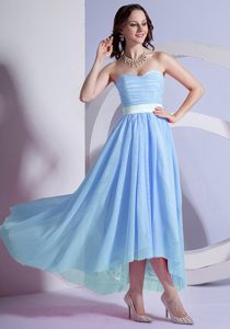 Light Blue Sweetheart High-low Prom Holiday Dresses in Chiffon with Ruching