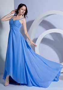 Most Popular Beaded Straps Blue Empire Plus Size Prom Dress Made in Chiffon