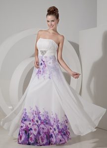 Popular White Empire Strapless Beaded Dress for Prom in Chiffon and Printing