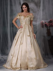 Champagne Off The Shoulder Taffeta Prom Dresses with Hand Made Flowers