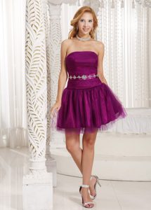 Cute Purple Short Prom Party Dress in Tulle with Beaded Waist on Sale
