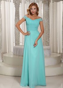 Simple Aqua Blue Off The Shoulder Prom Long Dress with Beading in Chiffon
