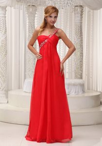 Elegant Beaded One Shoulder Red Chiffon Prom Cocktail Dress Best for Girls