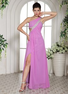 Lavender One Shoulder High Slit Prom Celebrity Dresses with Beaded Side Out