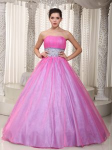 Latest Hot Pink Strapless Organza Party Prom Dresswith Beading