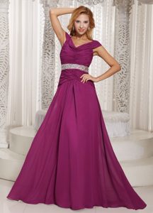 Fuchsia Off The Shoulder Ruched Prom Dress for Celebrity with Beaded Waist