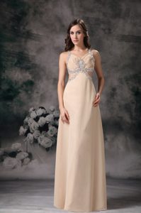 Customize Column Chiffon Beaded Prom Dresses with Cut Outs in Champagne