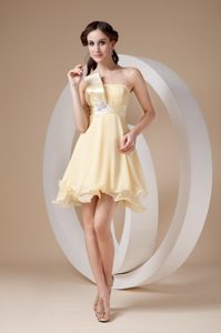 Light Yellow Strapless Prom Dress in Organza with Beading for Cheap