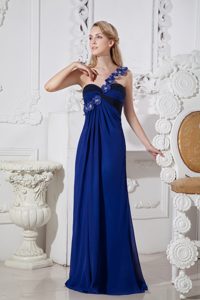 Blue Column One Shoulder Prom Dresses with Hand Made Flowers in Chiffon