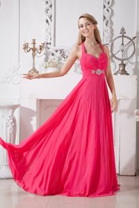 Customize Halter Hot Pink Beaded Prom Evening Dress for Girl