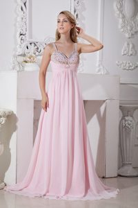 Low Price Baby Pink Beaded Prom Celebrity Dress with Straps