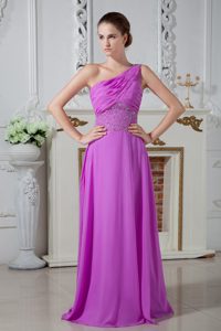 Popular One Shoulder Fuchsia Full-length Prom Party Dresses with Beading