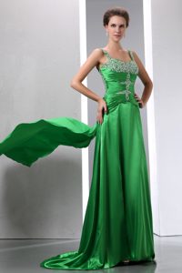 Hot Sale Watteau Train Beaded Green Prom Dresses for Ladies with Straps