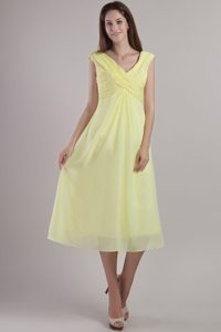 Hot Sale Ruched V-neck Yellow Tea-length Prom Pageant Dress for Spring