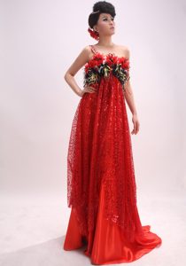 2014 Style One Shoulder Red Prom Gown Dress with Flowers and Sequins